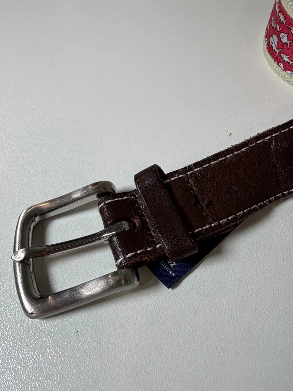 Vineyard Vines Size 32 Red Fish Patterned Canvas Belt with Brown Leather Trim